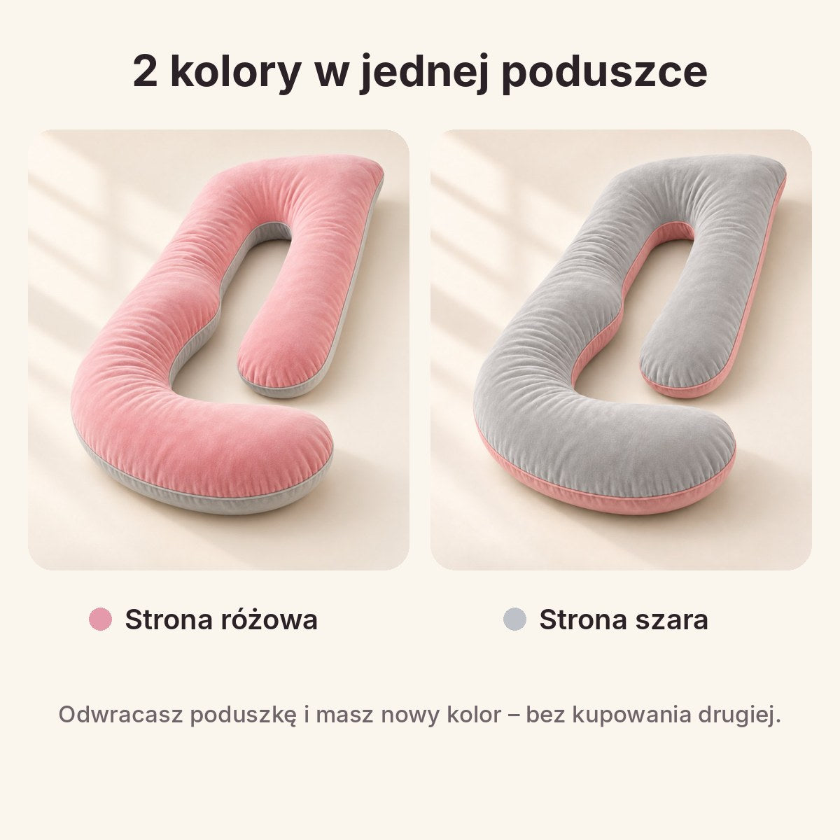 Dwa kolory w jednej poduszce: strona różowa i szara